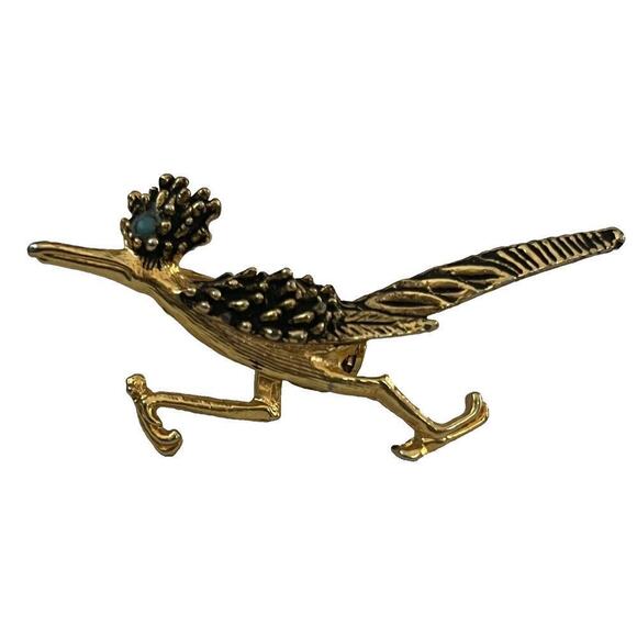 Vtg Gold Tone Brooch Pin Roadrunner Southwestern Bird Green Stone Eye 2" x 1" - Picture 3 of 5